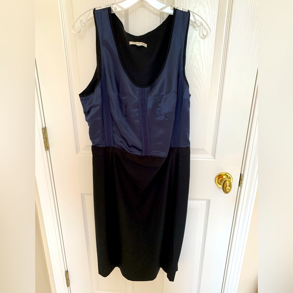 Banana Republic Silk/Wool Shift Midi Dress: Black Wool Bottom, Blue Silk Top  12